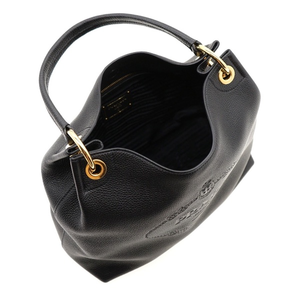 Prada Hobo Shoulder Bag Embossed Logo Vitello Phenix Black Leather New - Picture 5 of 6
